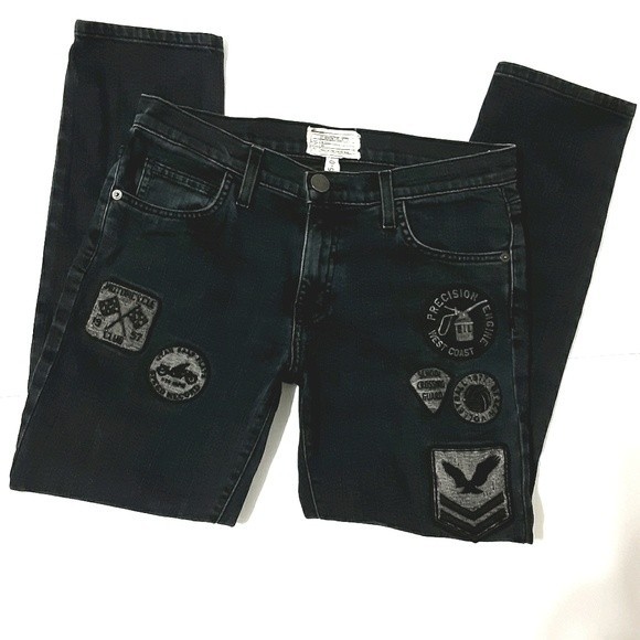 Current/Elliott The Fling Cropped Boyfriend Jeans Sz25 Blue Distressed Patchwork - Picture 1 of 9